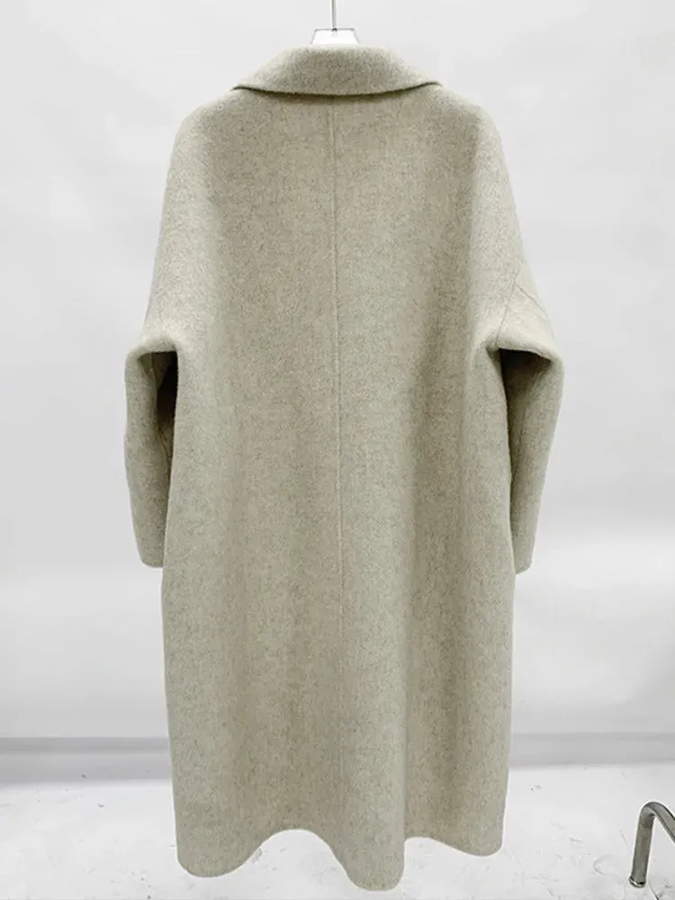 xakxx-New Women High Quality Alpaca Double-sided Wool Coat Loose Lapel Long Sleeve Fashion Lace-up Natural Woolen Jacket Autumn Winter