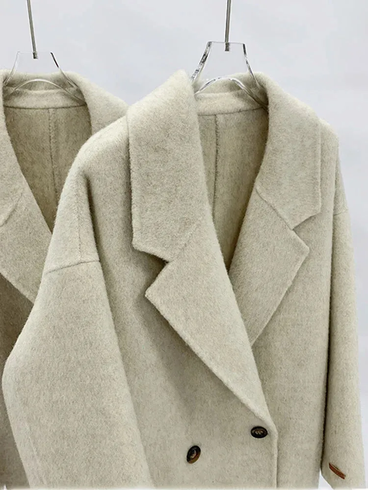 xakxx-New Women High Quality Alpaca Double-sided Wool Coat Loose Lapel Long Sleeve Fashion Lace-up Natural Woolen Jacket Autumn Winter