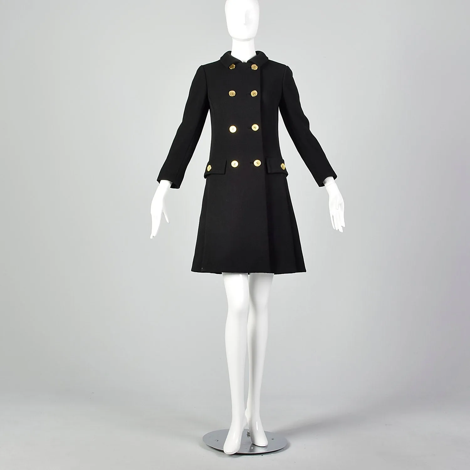 XXS 1960s Double-Breasted Black Wool Coat