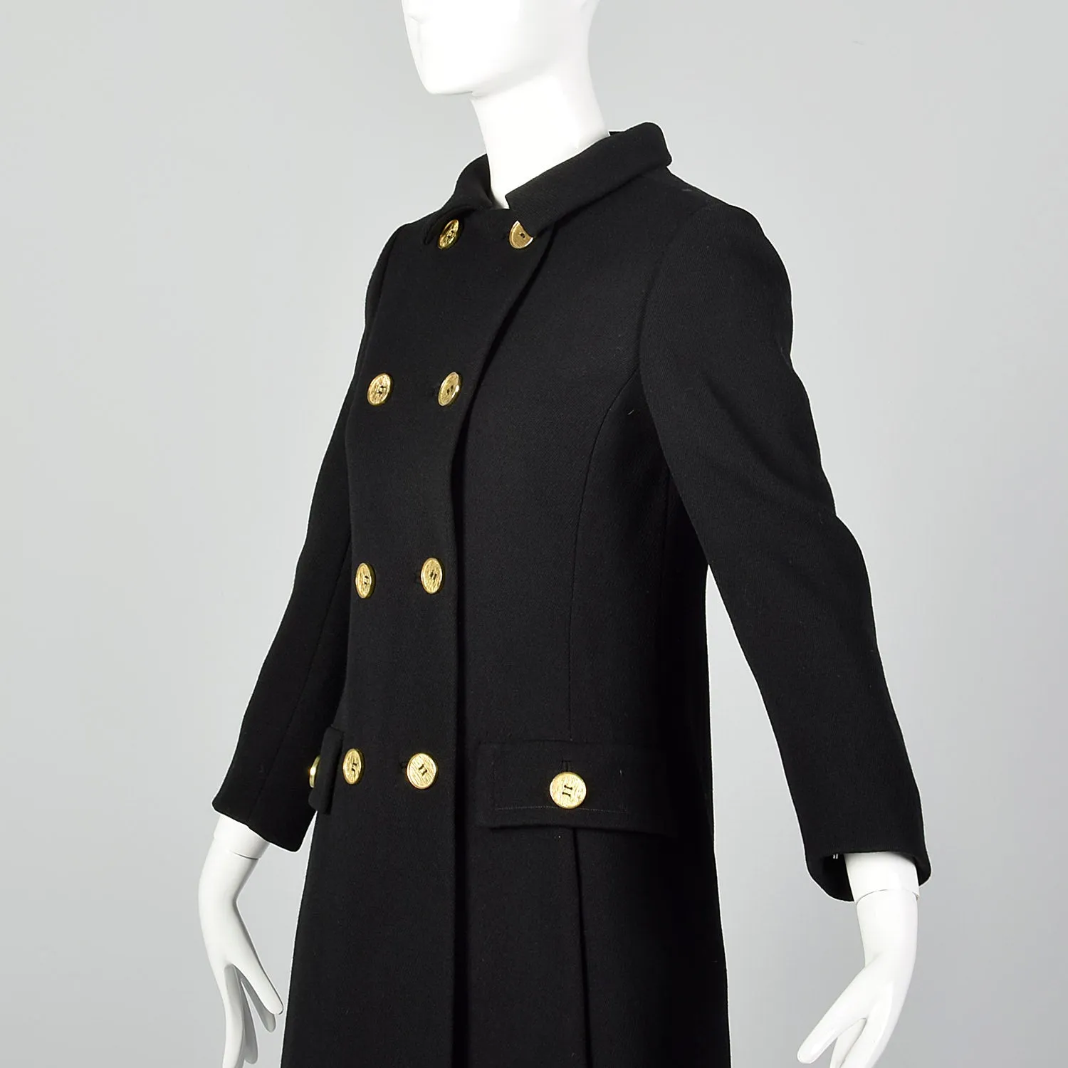 XXS 1960s Double-Breasted Black Wool Coat