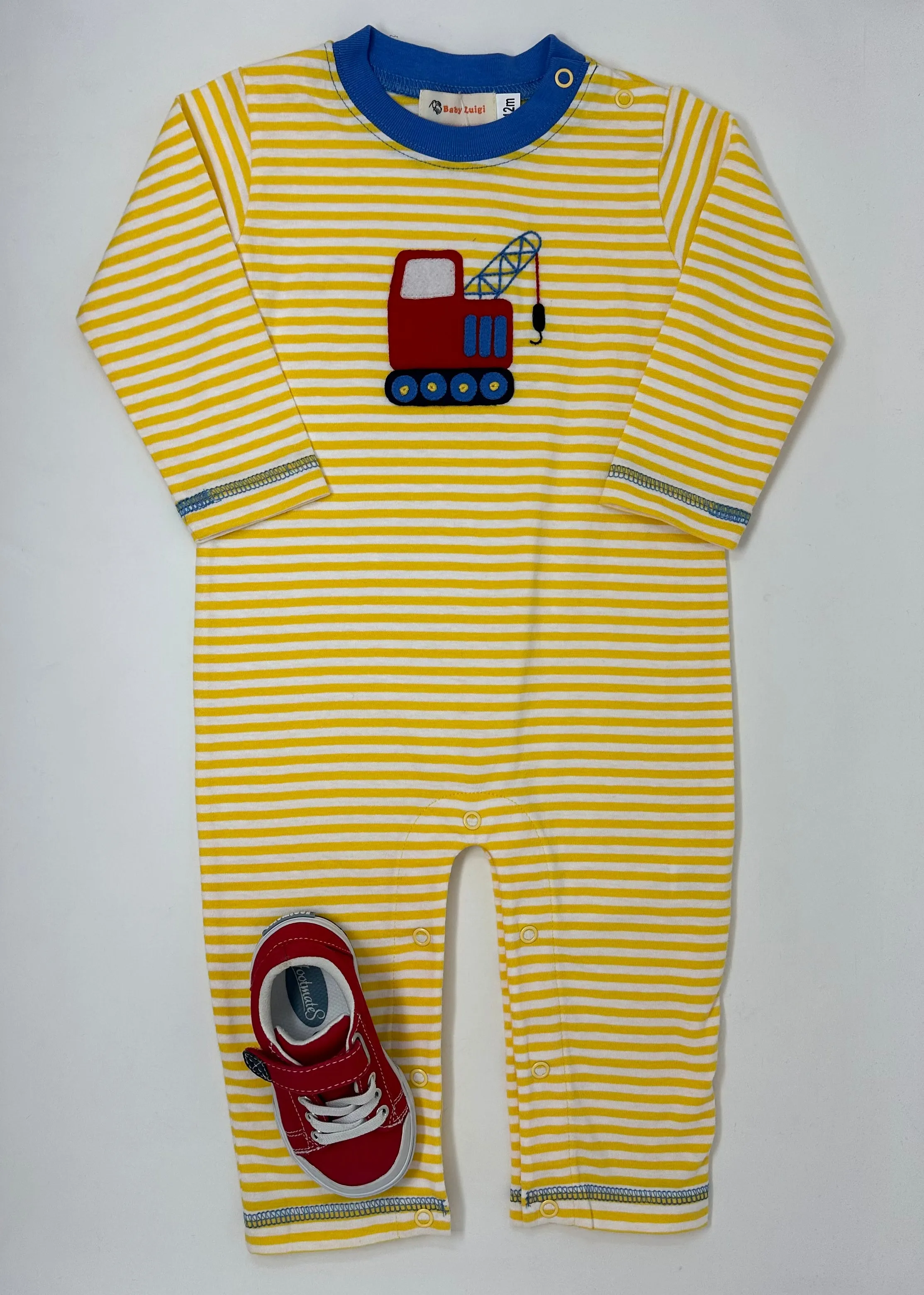 Yellow & White Stripe Romper w/ Crane