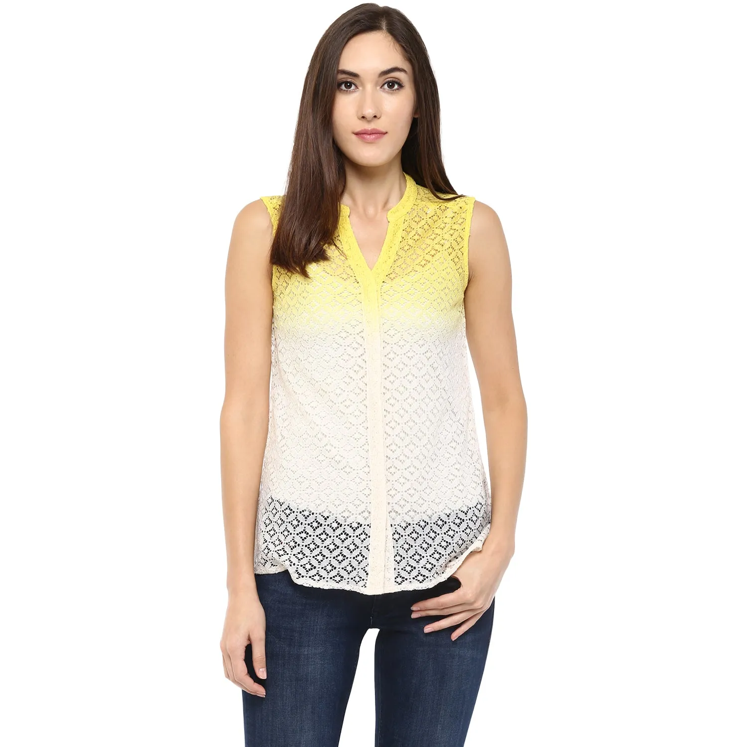 Yellow Woven Self Design Top With Mandarin Neck