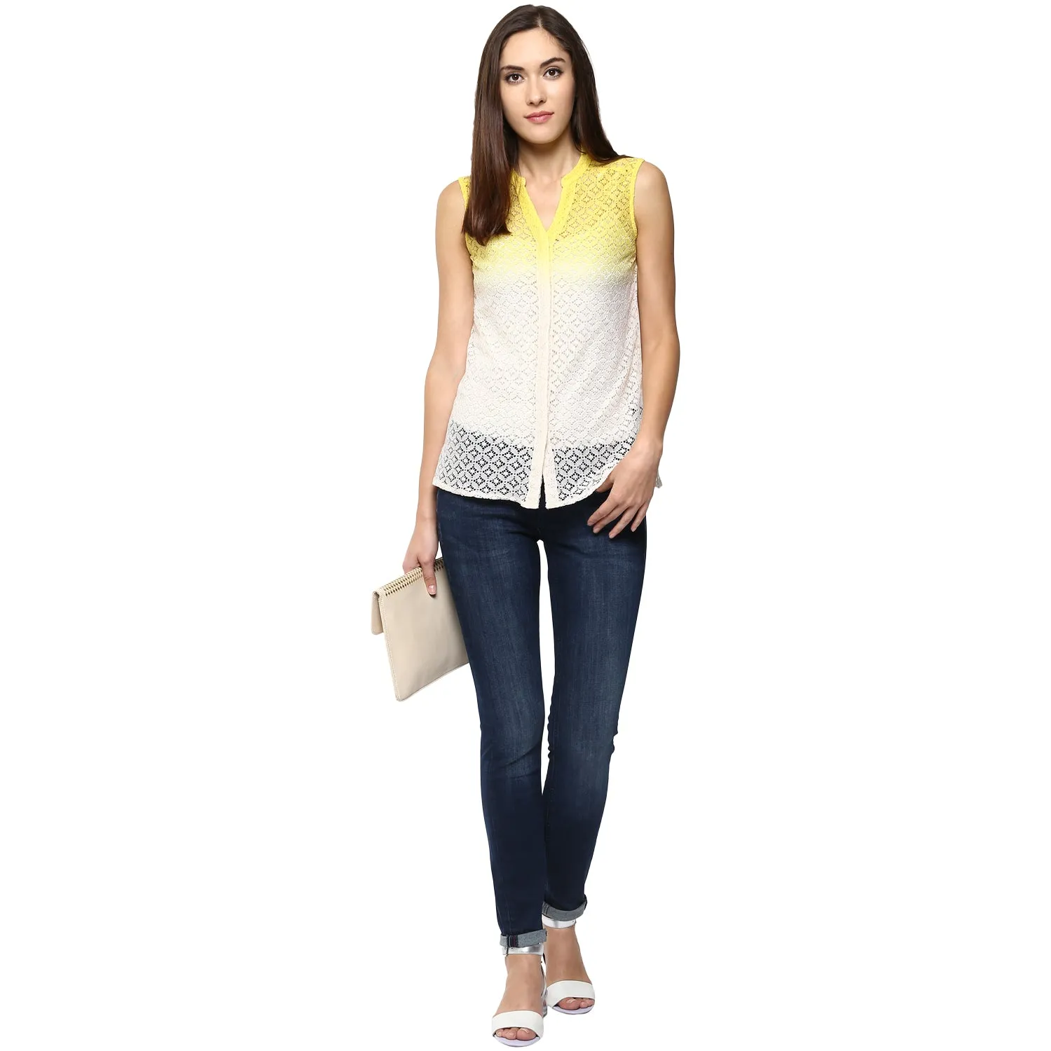 Yellow Woven Self Design Top With Mandarin Neck