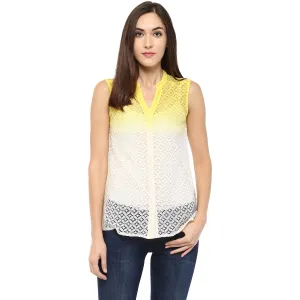 Yellow Woven Self Design Top With Mandarin Neck