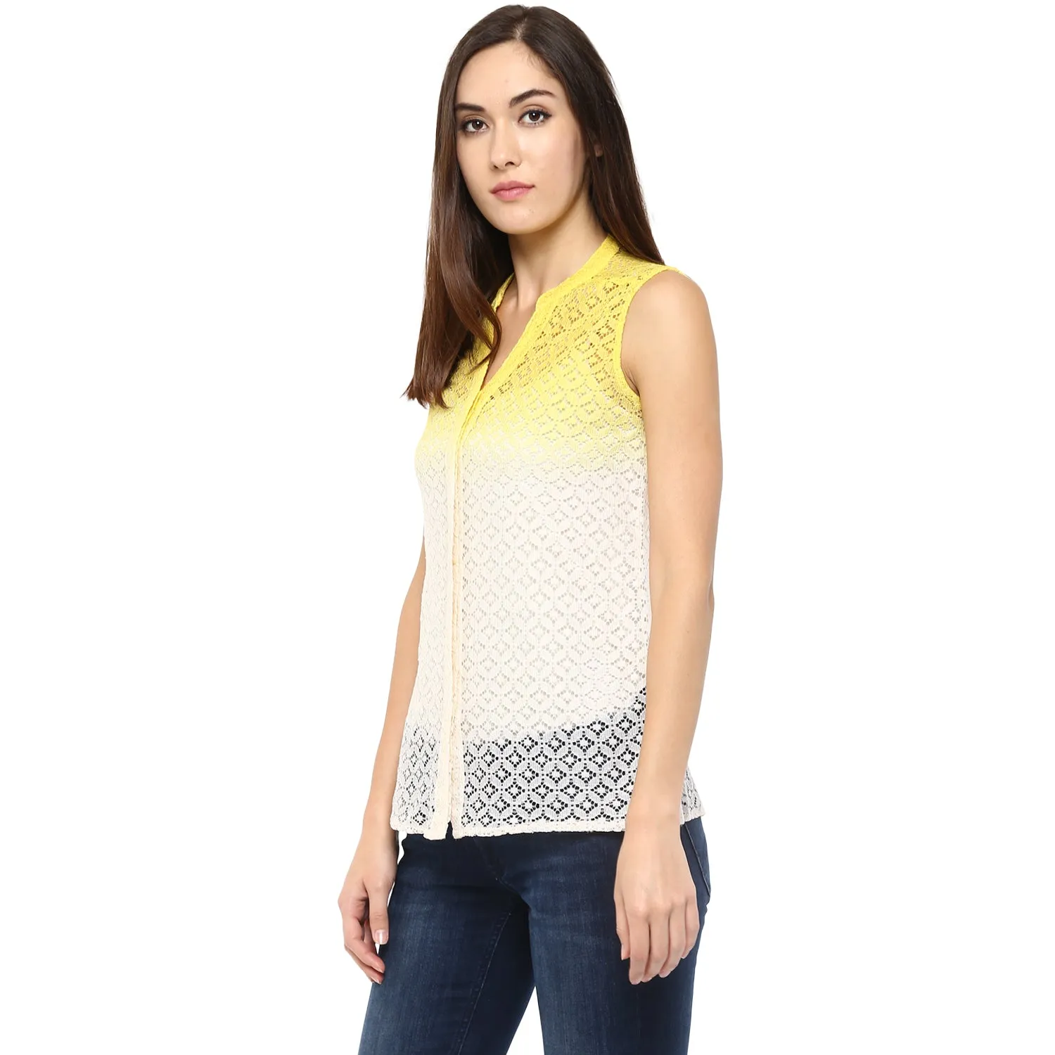Yellow Woven Self Design Top With Mandarin Neck