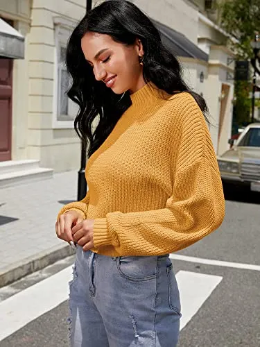 ZAFUL Women's Cropped Turtleneck Sweater Lantern Sleeve Ribbed Knit Pullover Sweater Jumper (1-Yellow, M)