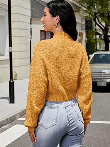 ZAFUL Women's Cropped Turtleneck Sweater Lantern Sleeve Ribbed Knit Pullover Sweater Jumper (1-Yellow, M)