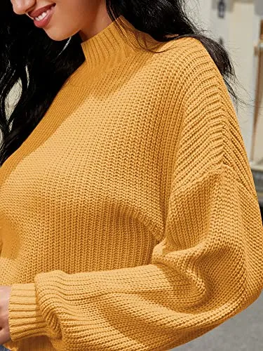 ZAFUL Women's Cropped Turtleneck Sweater Lantern Sleeve Ribbed Knit Pullover Sweater Jumper (1-Yellow, M)