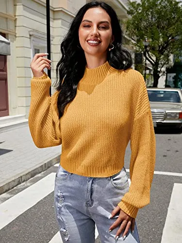 ZAFUL Women's Cropped Turtleneck Sweater Lantern Sleeve Ribbed Knit Pullover Sweater Jumper (1-Yellow, M)